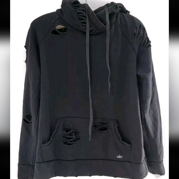 ALO YOGA Women's Dark Gray Ripped Distressed Hoodie Sweatshirt! Size M - Picture 3 of 5